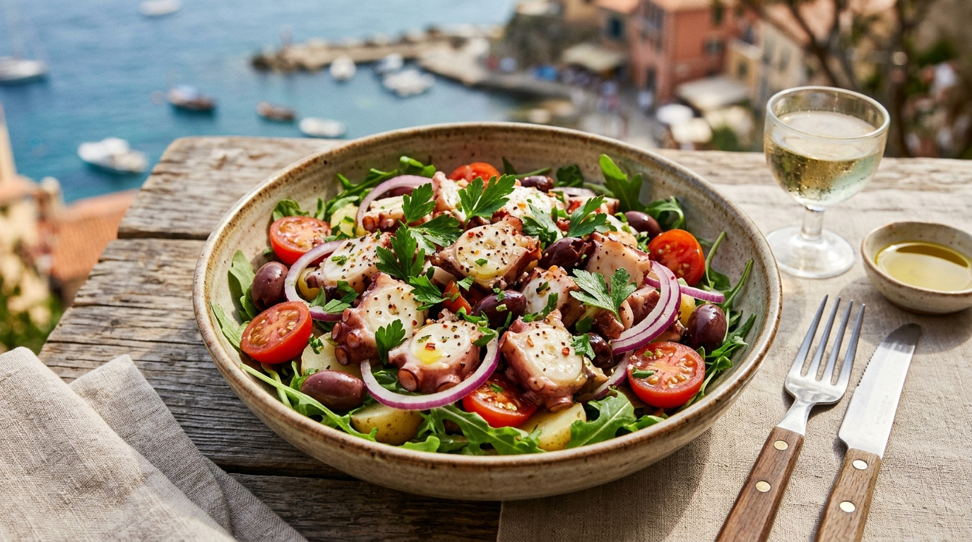 Mediteranska salata od hobotnice sa čeri paradajzom i maslinama